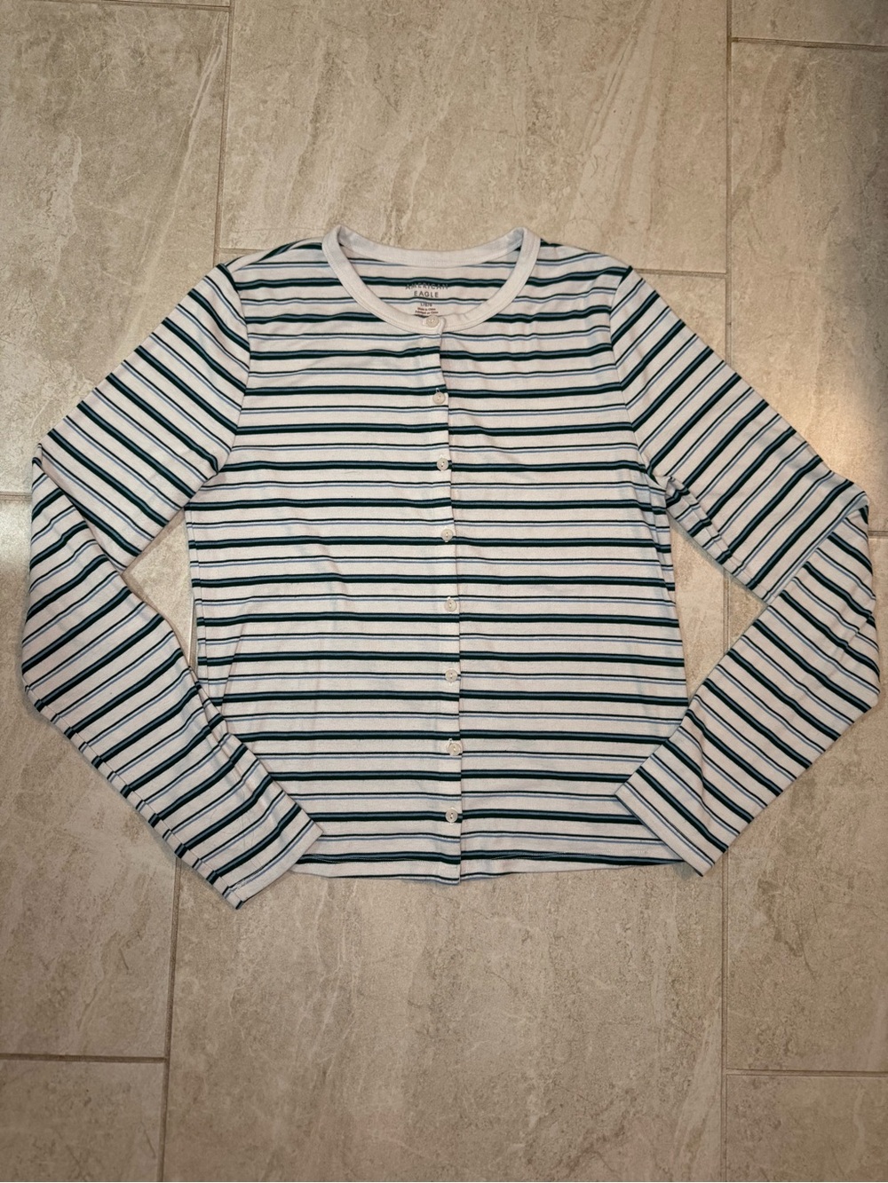 White and Green Striped Button-Front Long Sleeve Top
